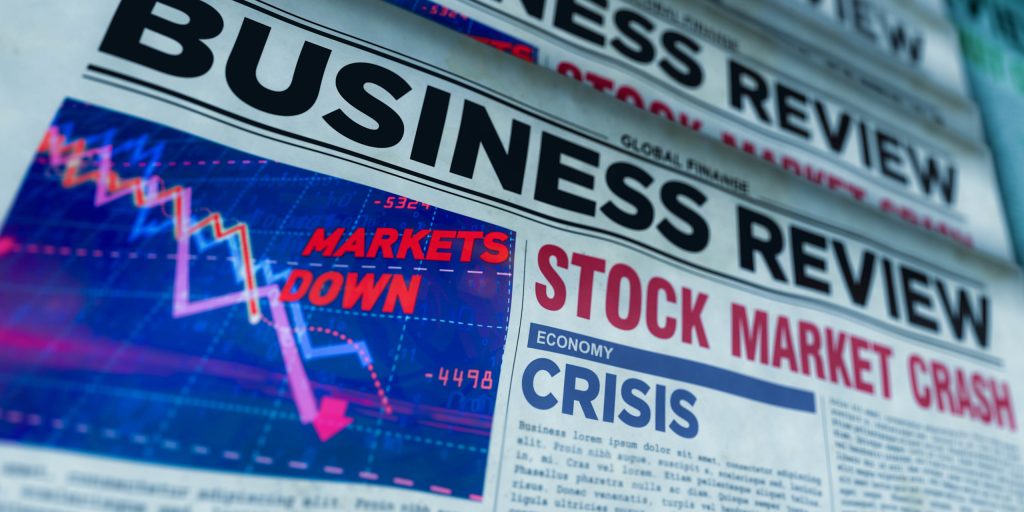 Business review newspapers with market crash printing and disseminating 3d illustration. Economy, crisis, stock, market collapse and financial panic retro media press production abstract concept.